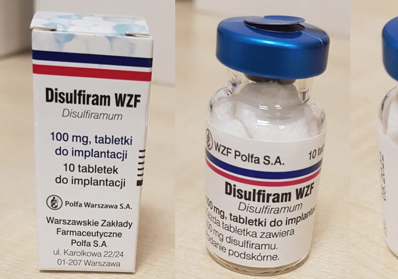 Wszywka alkoholowa Esperal / Disulfiram Kalisz: fiolka disulfiramu obok opakowania leku